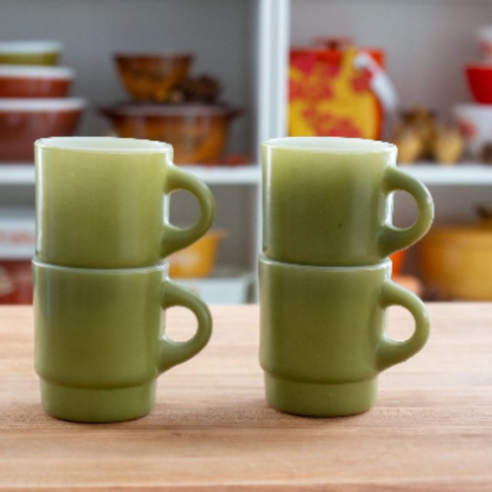 Set of 4 Vintage Fire King Mugs in Avocado Green